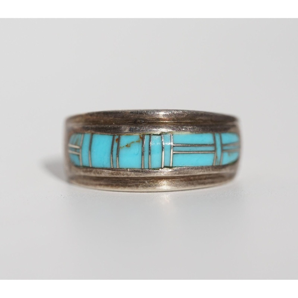 Old Pawn Native American Sterling Silver Zuni‎ Inlay Turquoise Ring - Size 6